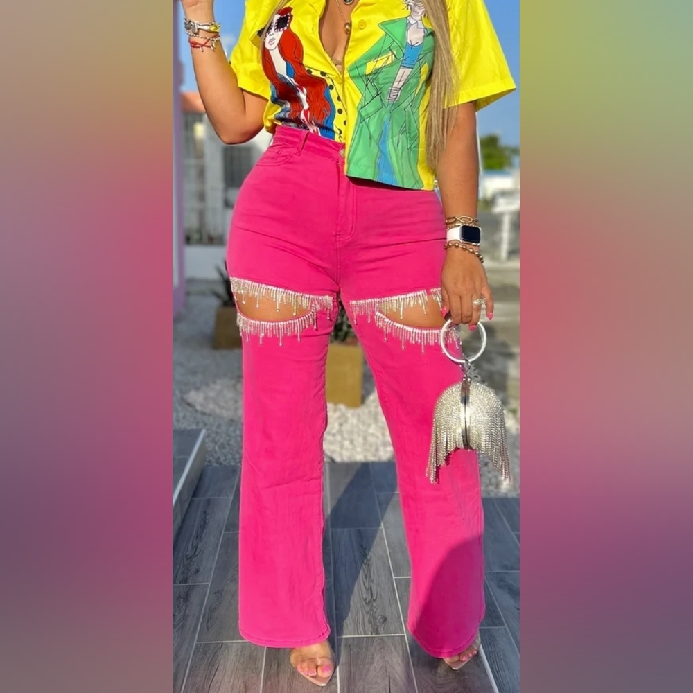 💟🔥BARBIE RHISTONE PINK JEANS, HIGH WAIST,FLARED SZ, VARIOUS.